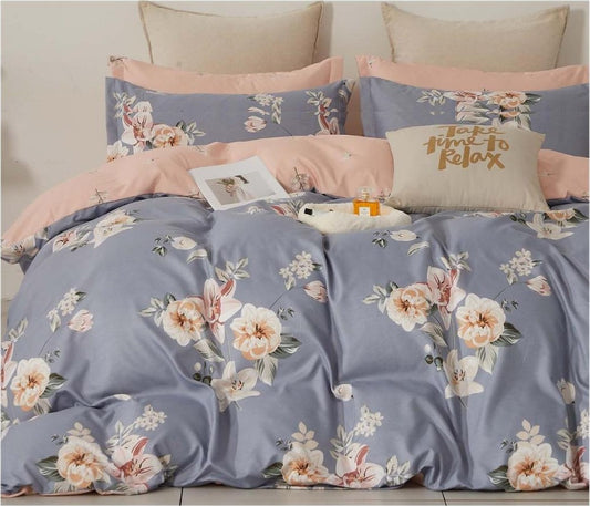 Bettwäsche-Set Rosalie - Blüten auf Graublau